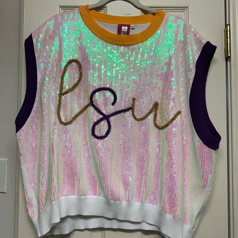 QUEEN OF SPARKLES Sequin LSU Top - White, Gold, Purple
